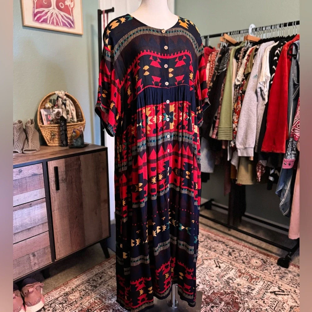 Vintage Jasmine by KVM 90’s Boho Grunge Southwestern Button Up Maxi Dress XL - Picture 5 of 9